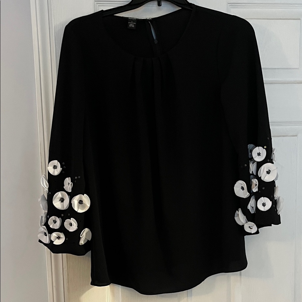 Alfani Black Blouse with White Floral Sleeves